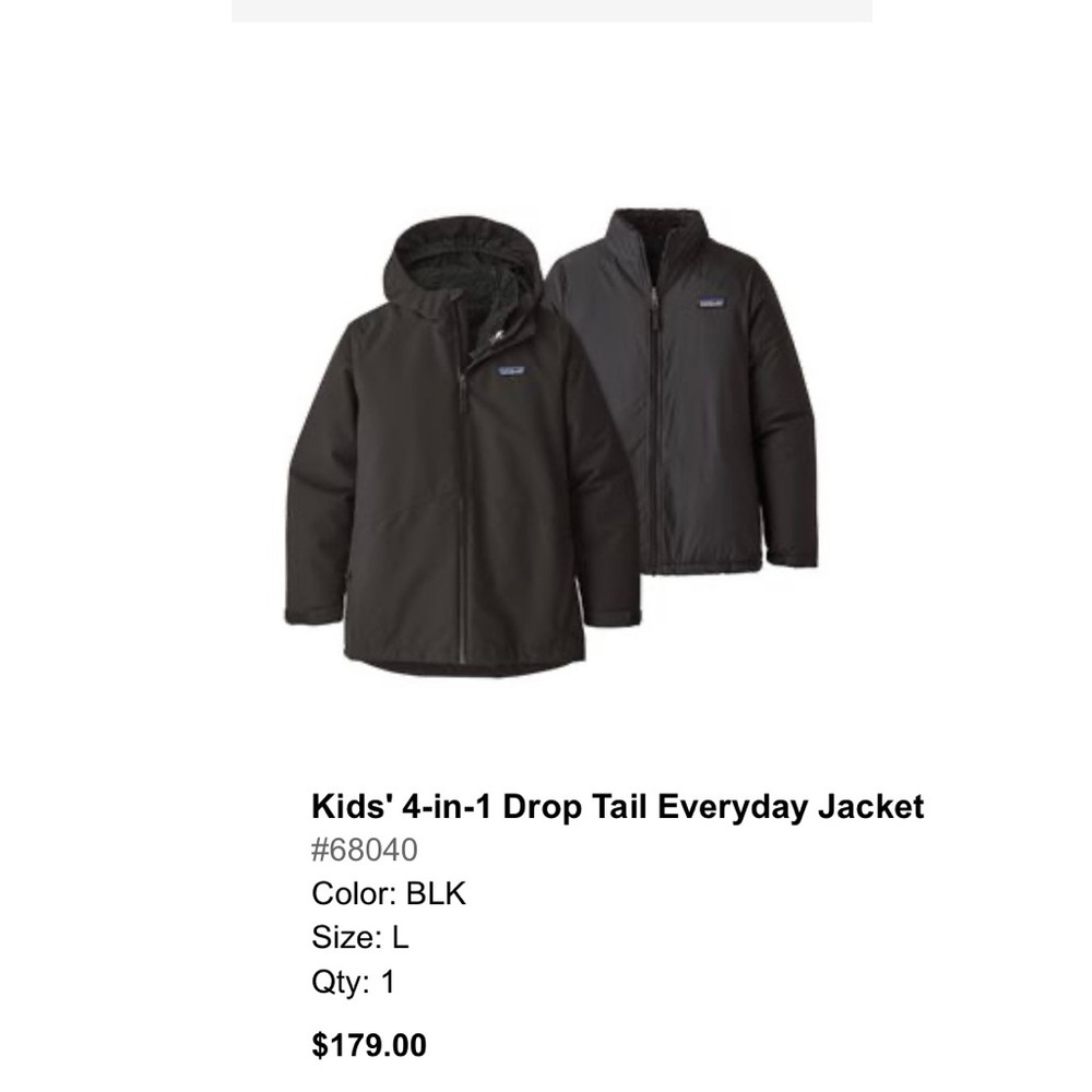 Patagonia Kids' Black INNER JACKET ONLY Puffer Jacket